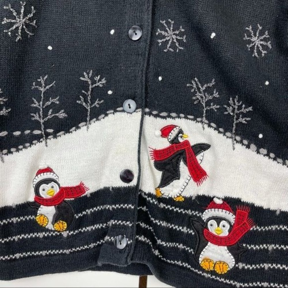 White Stag Black Holiday Embroidered Penguin Button Up Cardigan Size Medium - Picture 2 of 7